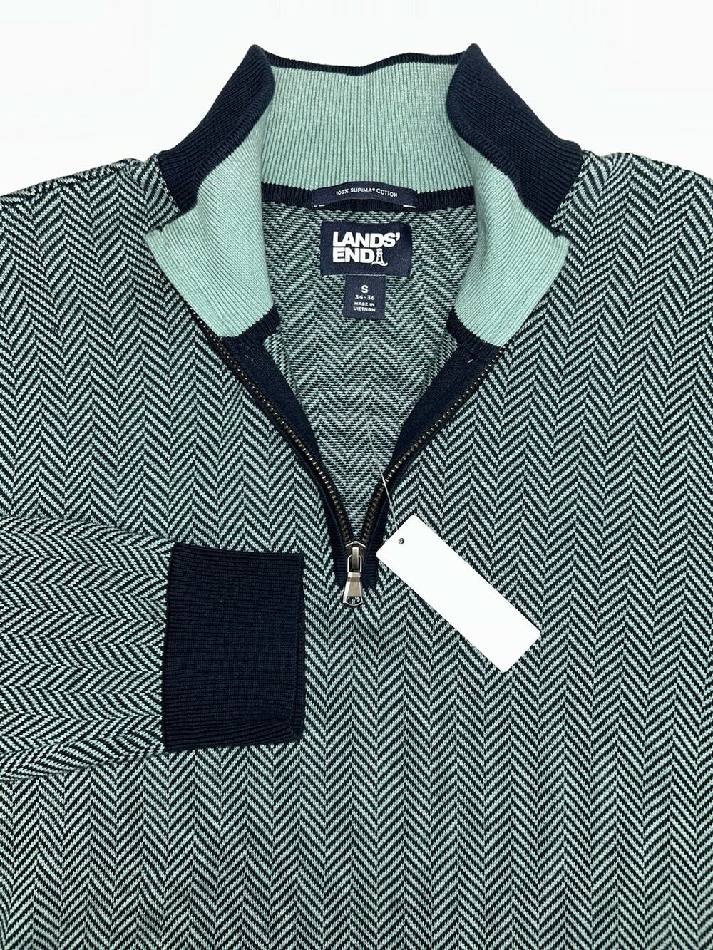 Lands' End 1/4 Zip Mock Neck Blue Green Chevron Sweater 3891 Men’s Small NWT